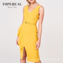 Belted V Neckline Split Frill Detail Yellow Pack Turkey Women Office Dresses